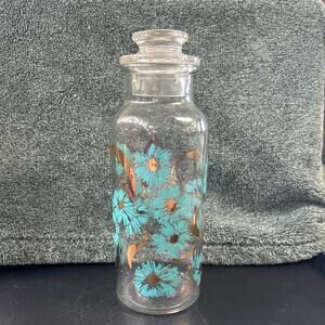 Vintage Federal Glass Aqua Gold Floral Apothecary Jar With Lid c1960s